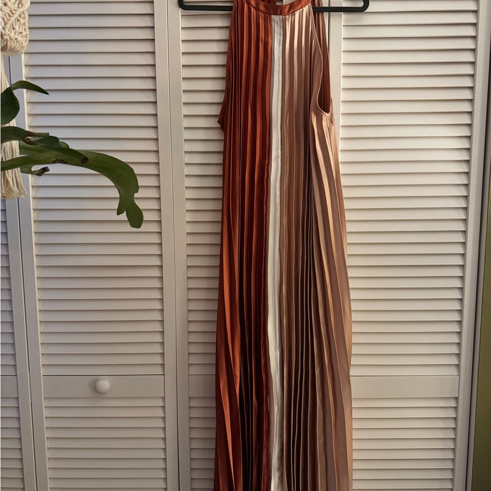 Alfani Brown and Cream Striped Pleated Dress - XL
